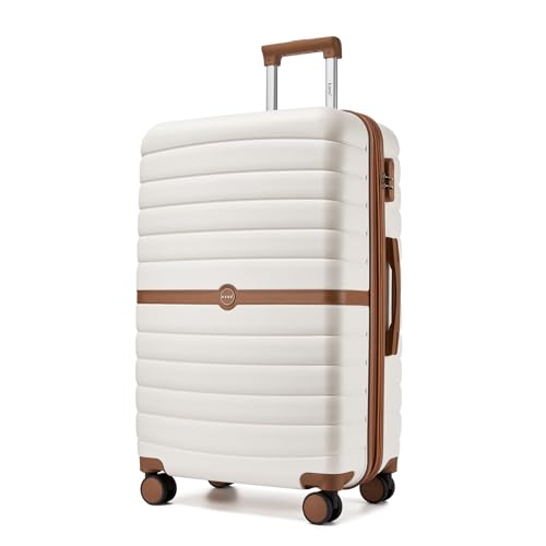 Kono Expandable 28 Inch Luggage with Spinner Wheels, Large Checked Luggage with Lock, Lightweight & Anti-Scratch PC+ABS Hardshell Travel Suitcase, White/Brown